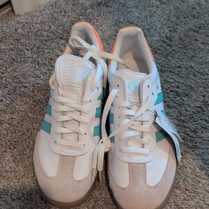 Adidas White and Aqua Sneakers with Coral Accents
